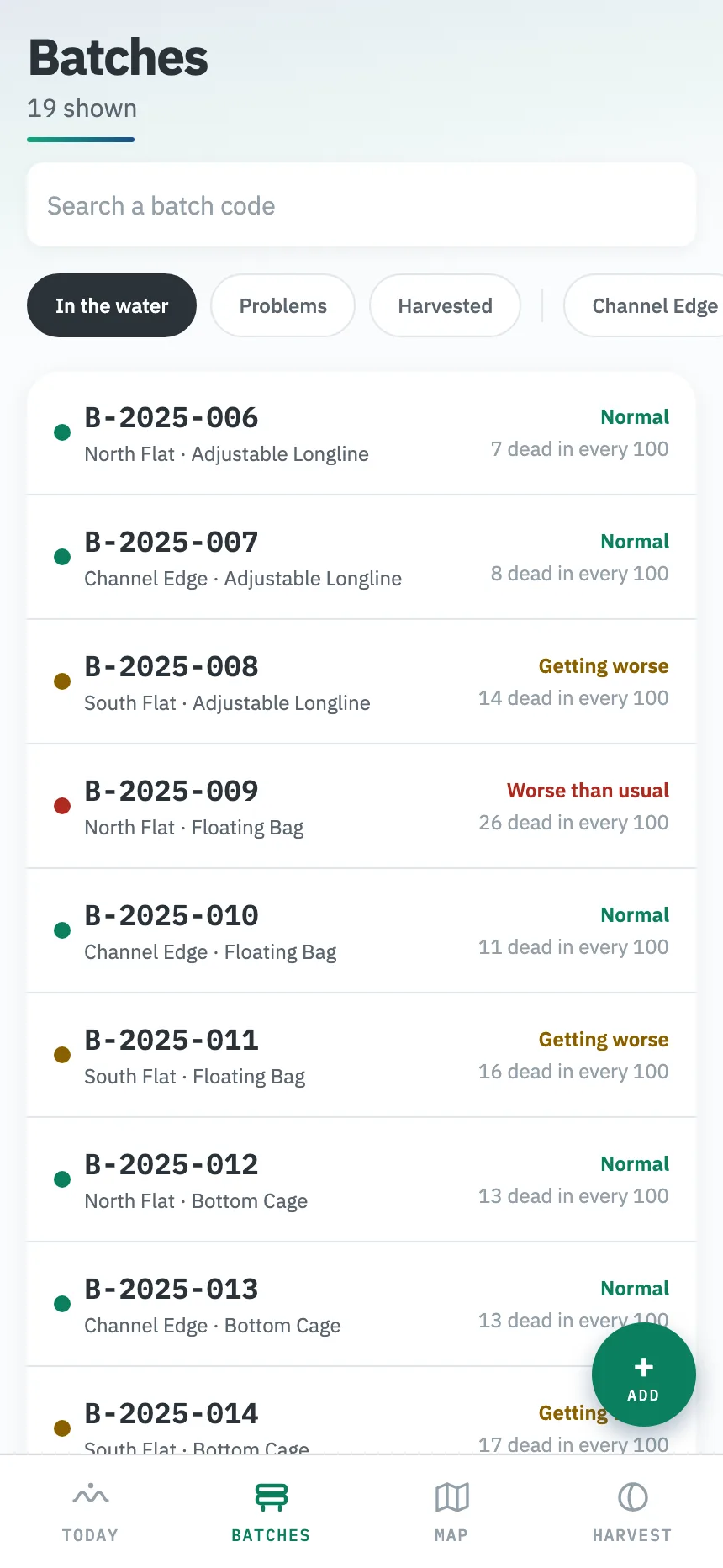 A list of batches, each showing its place, its gear, and a plain word: Normal, Getting worse, or Worse than usual.