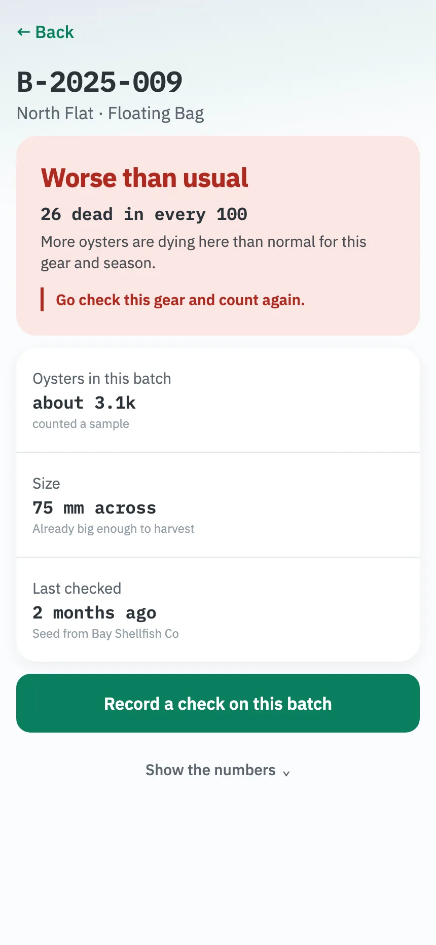 A batch screen reading "Worse than usual, 26 dead in every 100", with the instruction to go check the gear and count again.