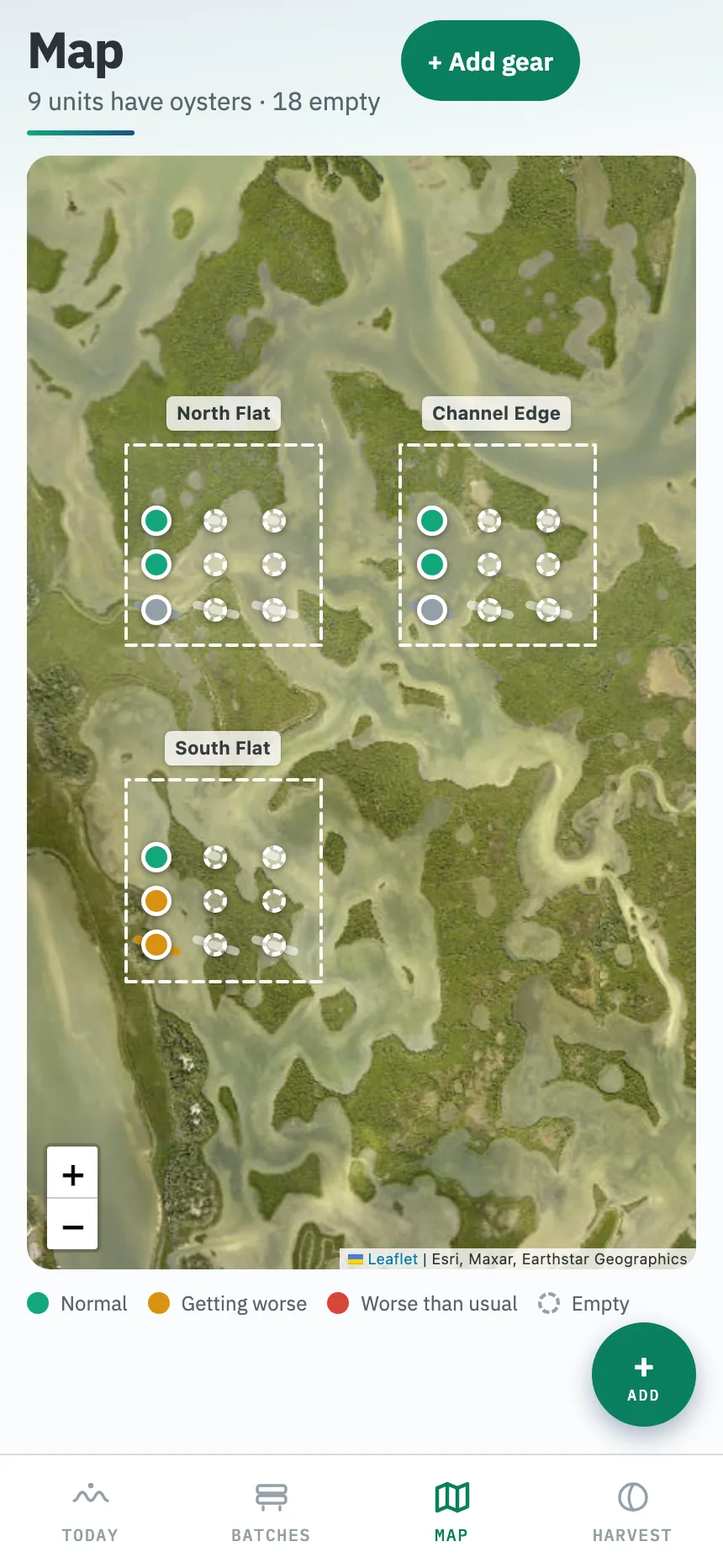 Satellite map of three lease plots in the Mosquito Lagoon with every gear unit plotted: filled green dots are stocked, hollow dashed rings are empty.