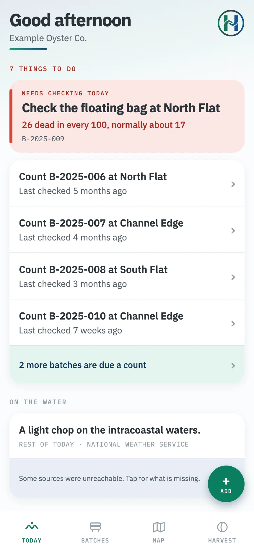 The Today screen: one urgent job reading "Check the floating bag at North Flat, 26 dead in every 100, normally about 17", followed by four routine counts that are due.